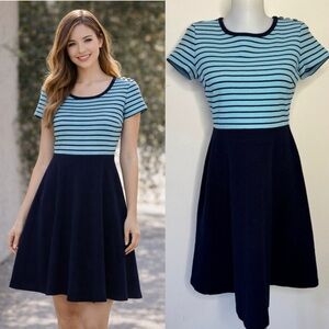 Talbots Dress Aqua Navy Blue Strpied Ribbed Knit A Line Flared Full Zip Sz S